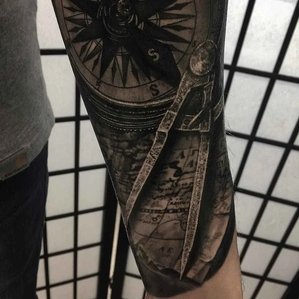 Black & Grey Compass, Map tattoo on Forearm