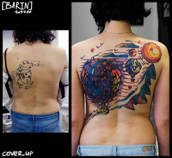 Акварель Hot air balloon, Landscape tattoo на Верхняя часть спины