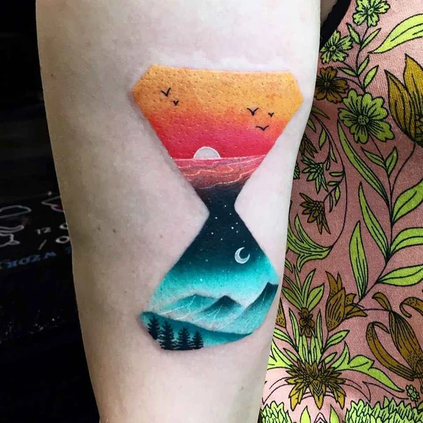 Illustrative Hourglass, Landscape tattoo on Forearm
