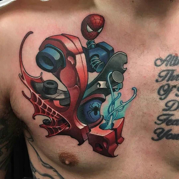 New School Spiderman, Spiderweb tattoo on Chest