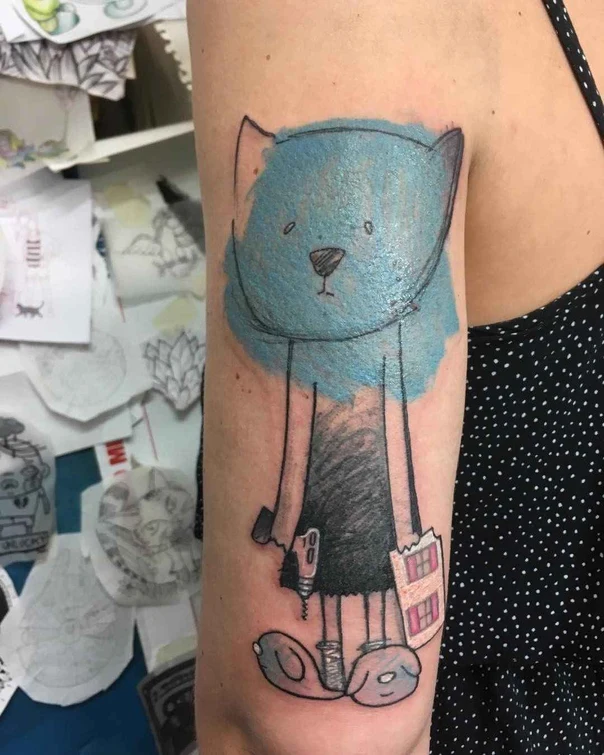 Cartoon Cat, Character tattoo on Upper Arm