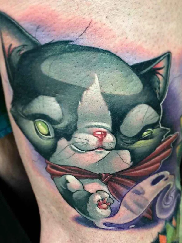 color cartoon tatouage sur thigh #13342 | Artiste tatoueur Kelly Doty