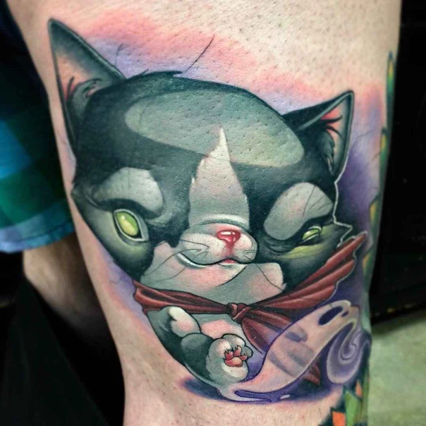 Cartoon Cat tattoo on Thigh