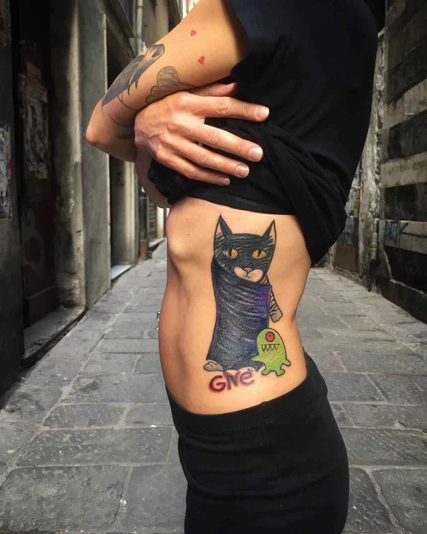 Cartoon Cat, Monster tattoo on Side