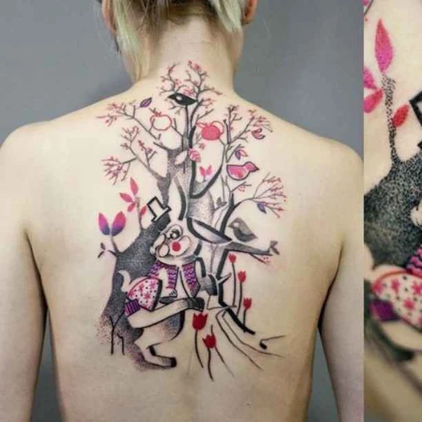 Illustrative Rabbit, Birds tattoo on Upper Back