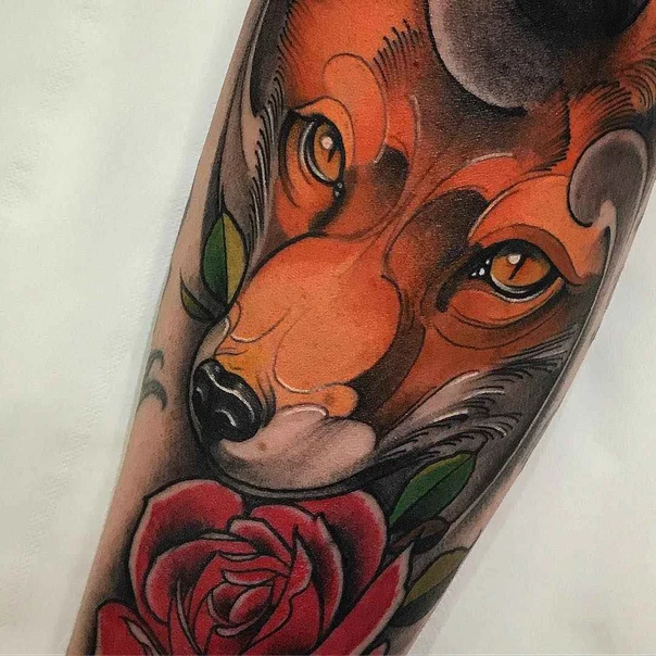 Neo Traditional Fox, Rose tattoo on Forearm