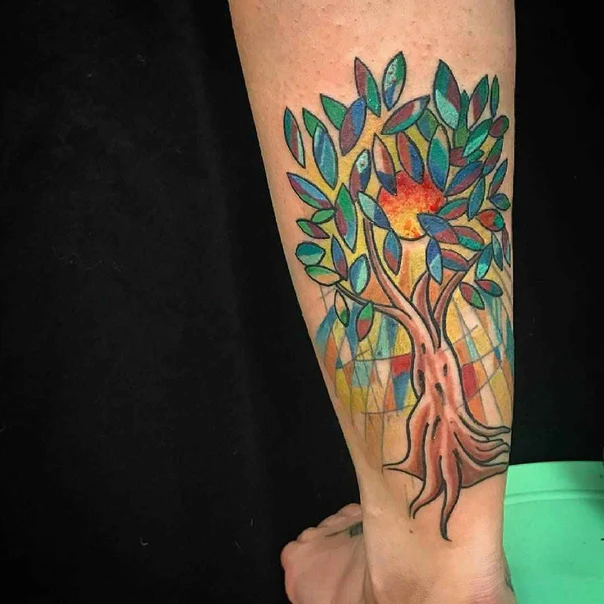 Illustrative Tree, Sun tattoo on Calf