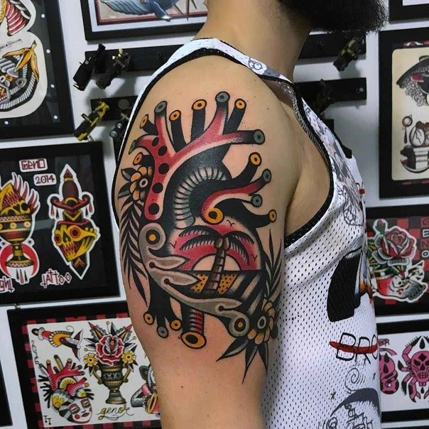 Neo Traditional Heart, Palm tree tattoo on Upper Arm