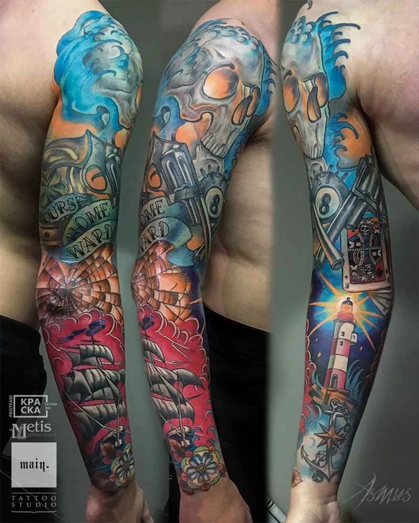Нео-традиционная Skull, Ship tattoo на Полный рукав