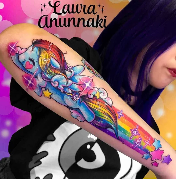 Cartoon Pony, Rainbow tattoo on Forearm
