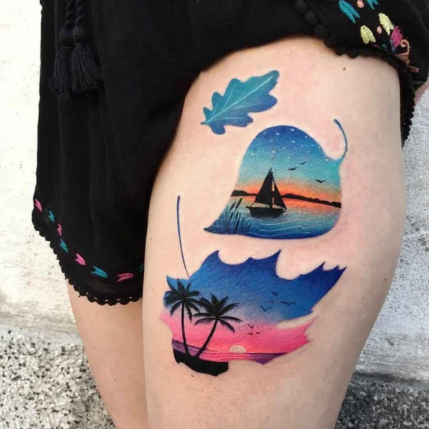 Illustrative Leaf, Landscape tattoo on Thigh