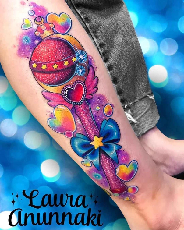 Watercolor Wand, Heart tattoo on Calf