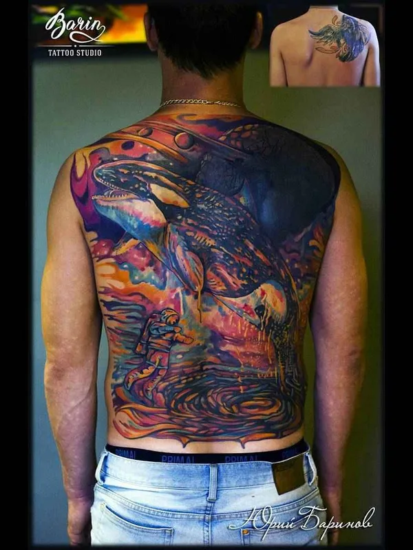 male color illustrative Tatuaggio su full back #13402 | Tatuatore Юрий BaRiN Баринов