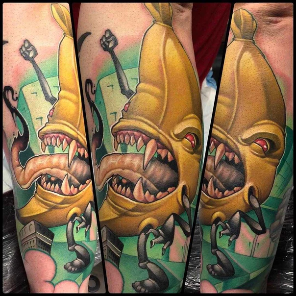 New School Monster, Banana tattoo on Forearm