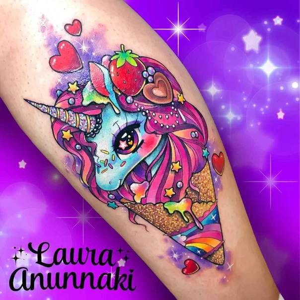 Cartoon Unicorn, Ice cream tattoo on Forearm