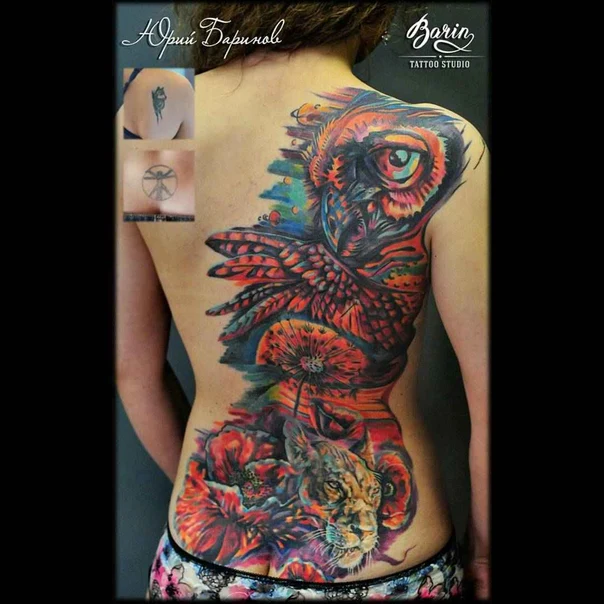 Иллюстративная Owl, Flowers tattoo на Спина (полная)