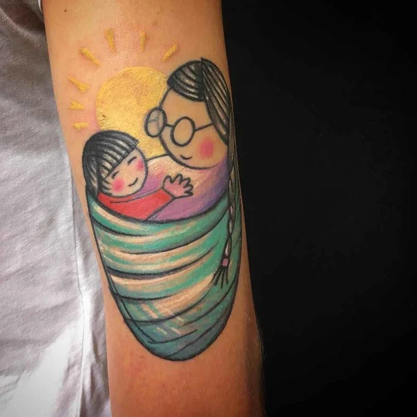Cartoon Mother and child, Sun tattoo on Forearm