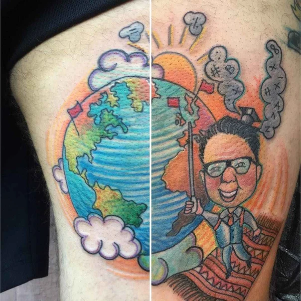 Cartoon Globe, Caricature tattoo on Thigh
