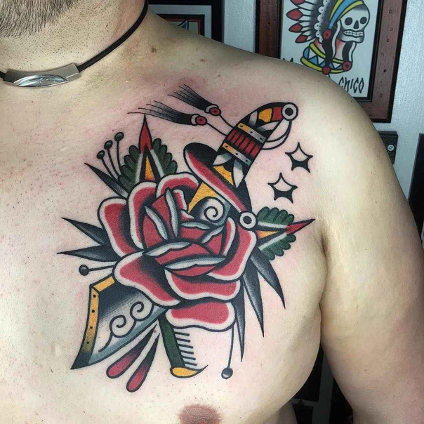 Traditional Rose, Dagger tattoo on Chest