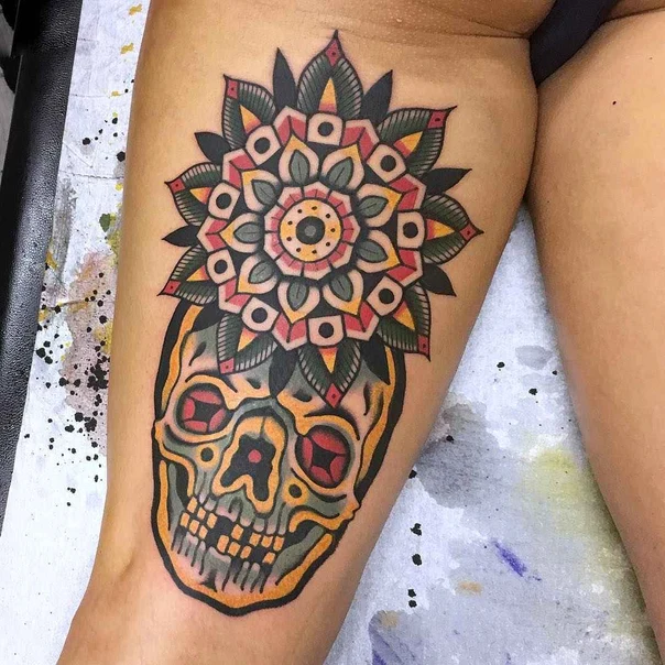 Traditional Skull, Mandala tattoo on Thigh