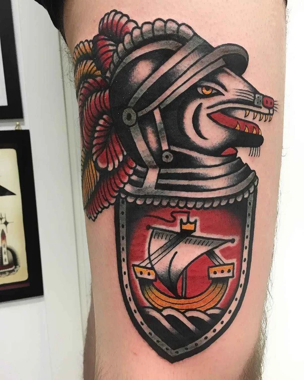 Neo Traditional Animal, Shield tattoo on Thigh