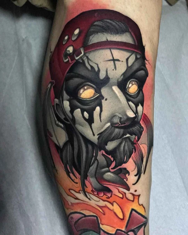Neo Traditional Portrait, Demon tattoo on Calf
