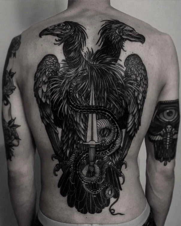 Blackwork Raven, Snake tattoo on Full Back
