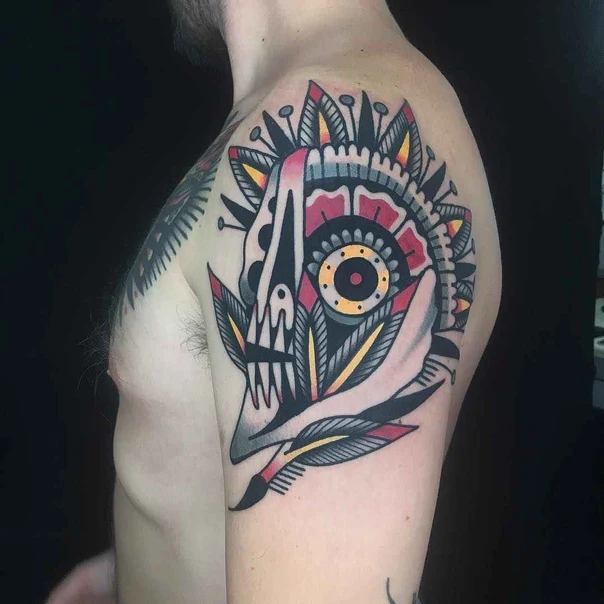 Neo Traditional Skull, Ornamental tattoo on Shoulder