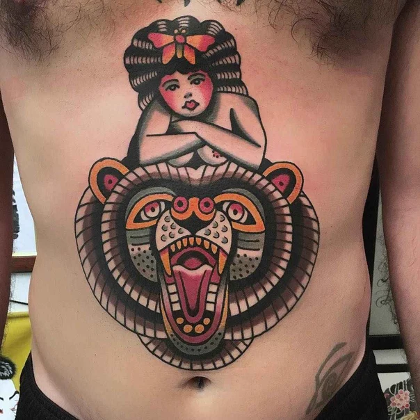 Old School Bear, Woman tattoo on Chest