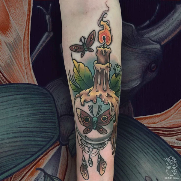 Нео-традиционная Butterfly, Candle tattoo на Предплечье
