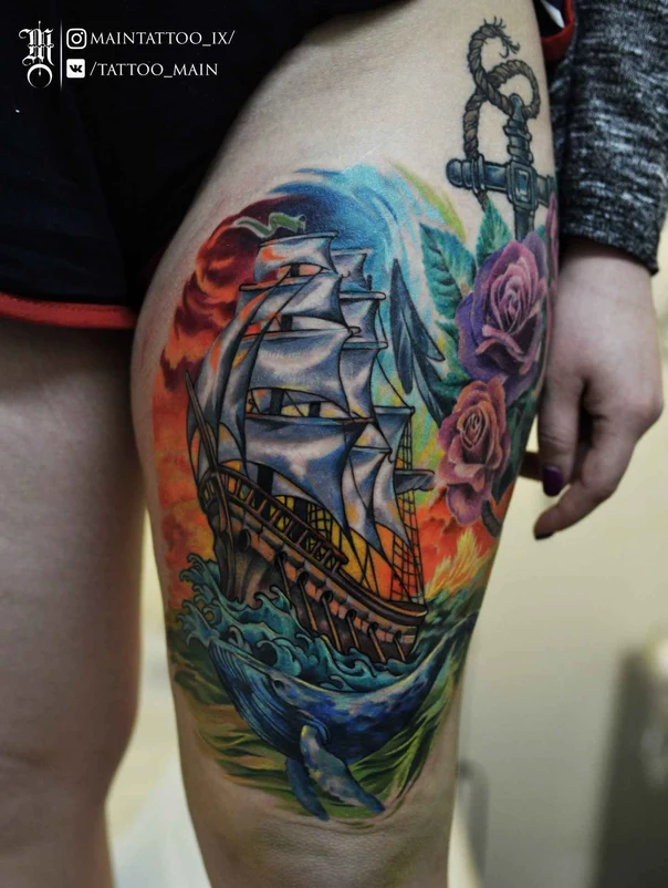 Иллюстративная Ship, Whale tattoo на Thigh