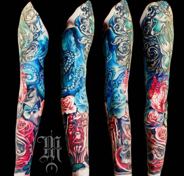 Реализм Octopus, Roses tattoo на Полный рукав