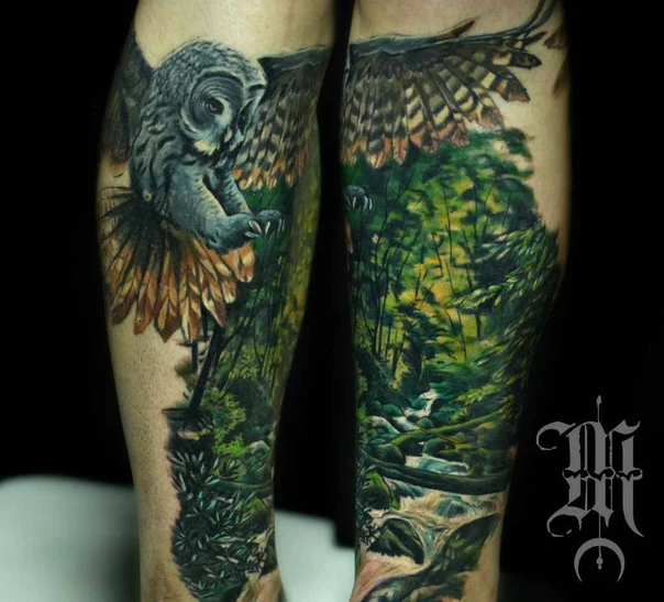 Realism Owl, Forest tattoo on Calf