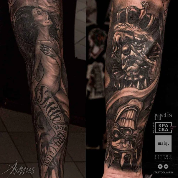 Чёрно-серая Figure, Lettering tattoo на Полный рукав