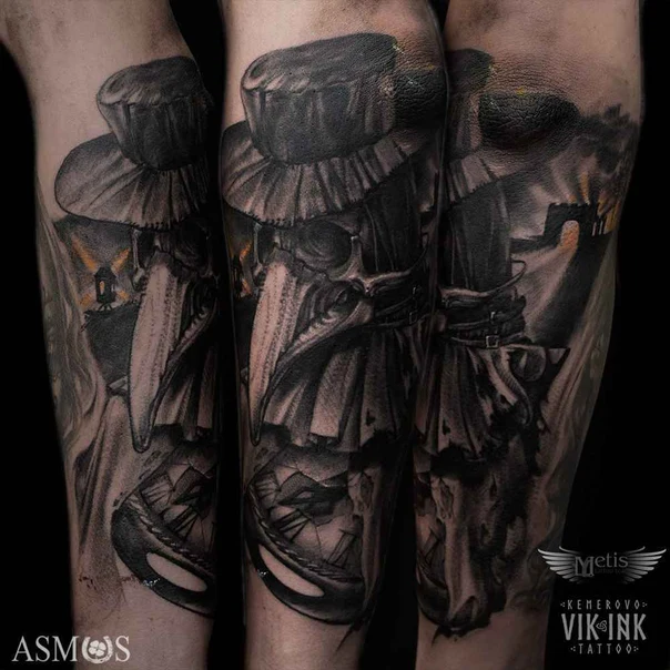 Чёрно-серая Plague doctor, Clock tattoo на Предплечье