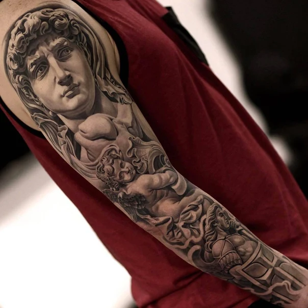 Realism Portrait, Angel tattoo on Full Sleeve