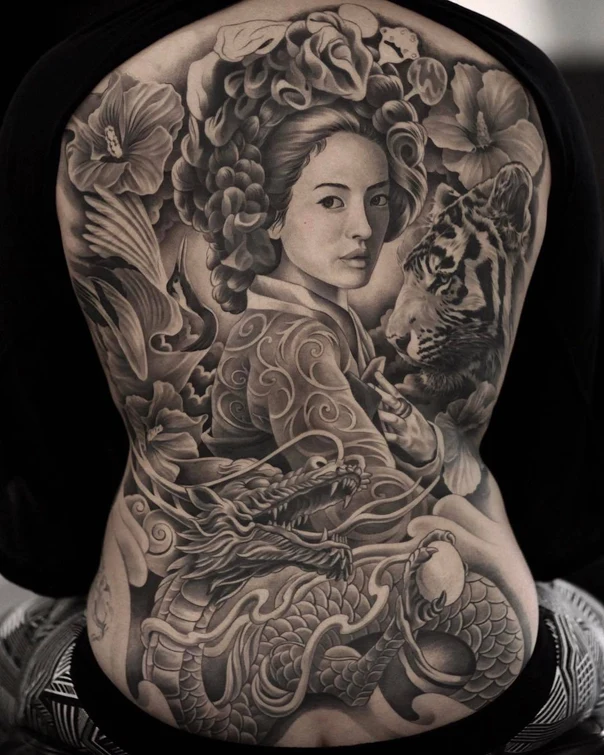 Japanese Geisha, Dragon tattoo on Full Back