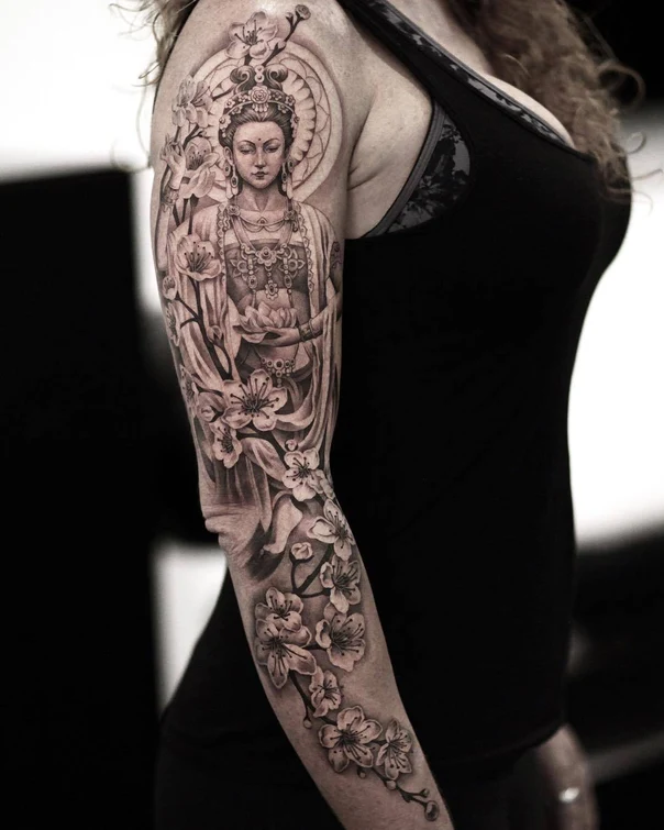 Realism Buddha, Flowers tattoo on Full Sleeve