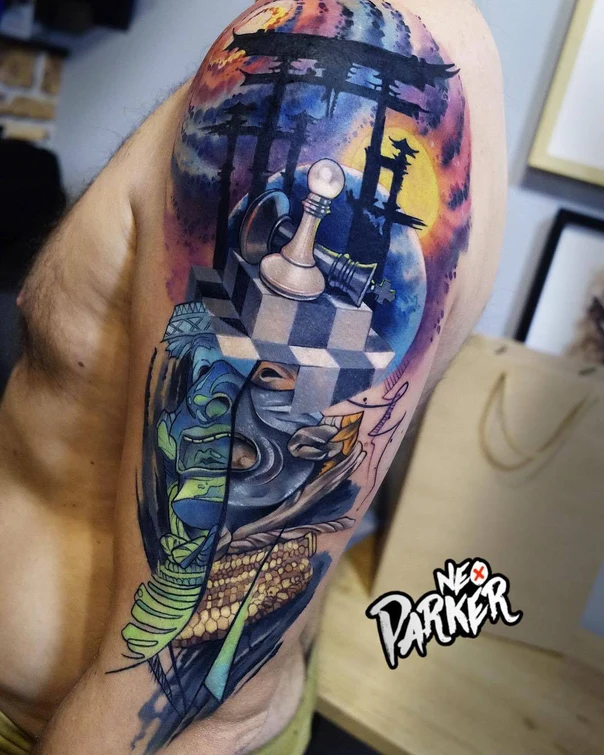 Illustrative Chess, Landscape tattoo on Shoulder