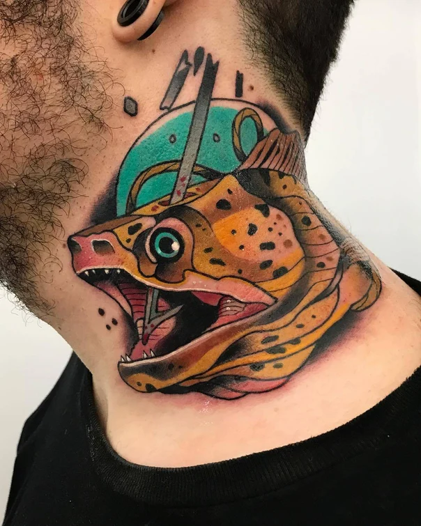 Neo Traditional Fish, Knife tattoo on Neck