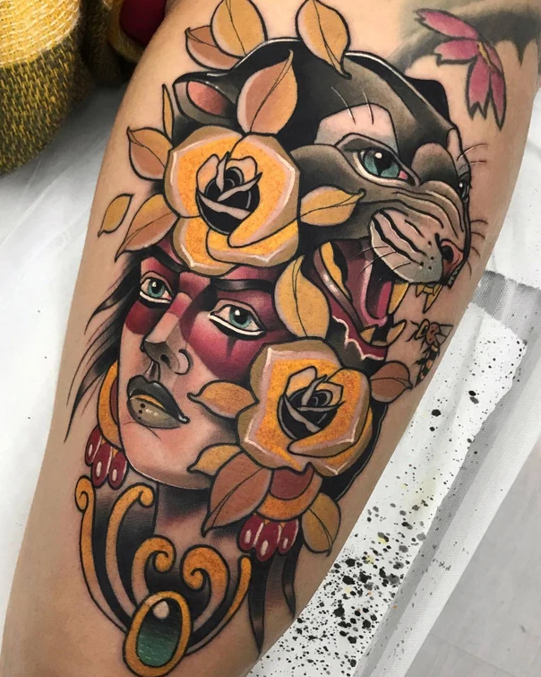 Neo Traditional Woman, Panther tattoo on Forearm