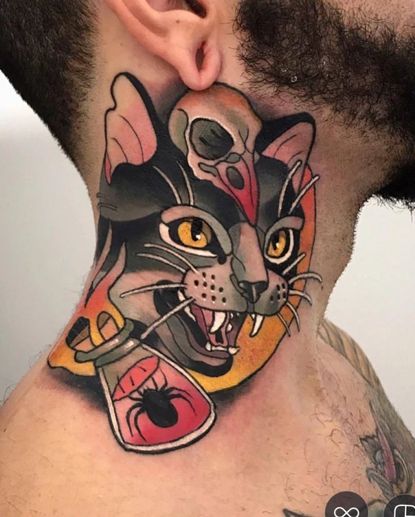 Neo Traditional Cat, Skull tattoo on Neck