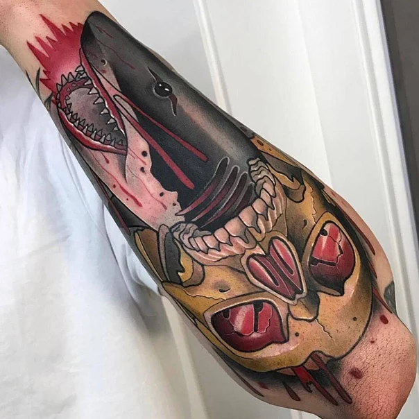 Neo Traditional Shark, Skull tattoo on Forearm