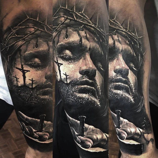 Realism Religious, Portrait tattoo on Full Sleeve