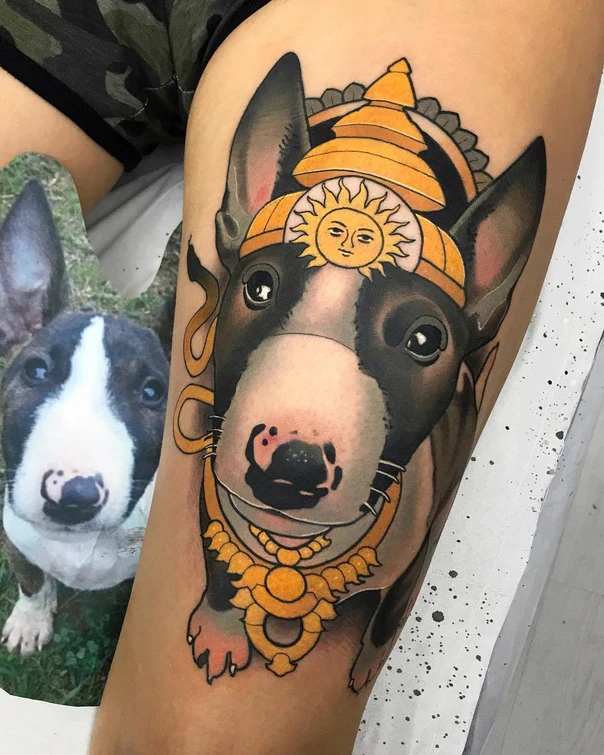 Illustrative Dog, Sun tattoo on Thigh