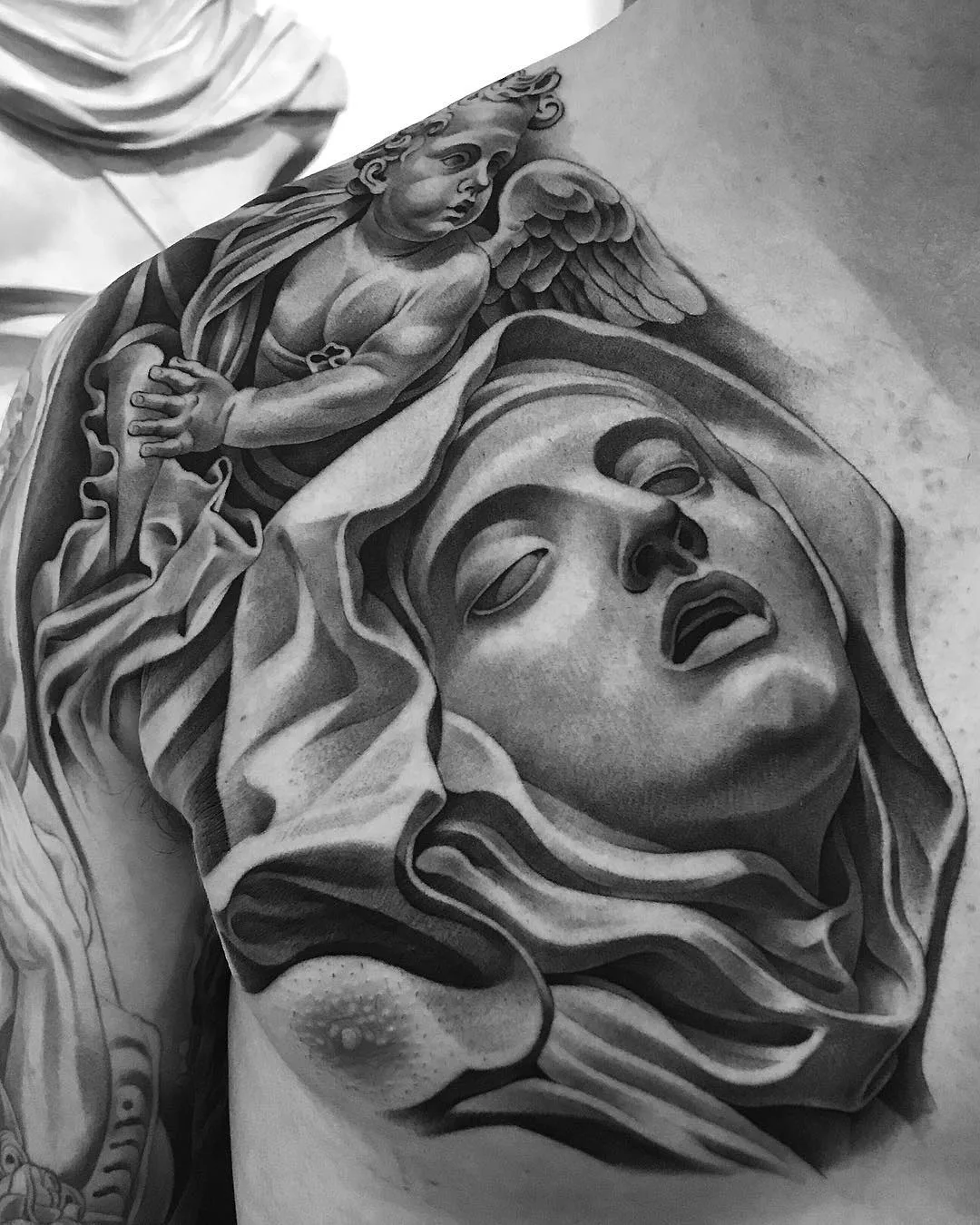 Tattoo artist Jun Cha, black&grey realistic tattoo, engraving | USA