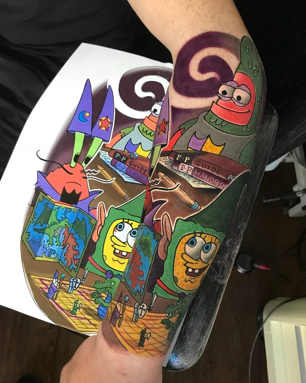 Cartoon Spongebob, Patrick tattoo on Forearm