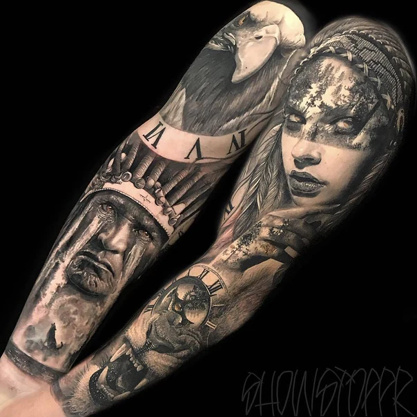 Realism Eagle, Native american tattoo on Full Sleeve