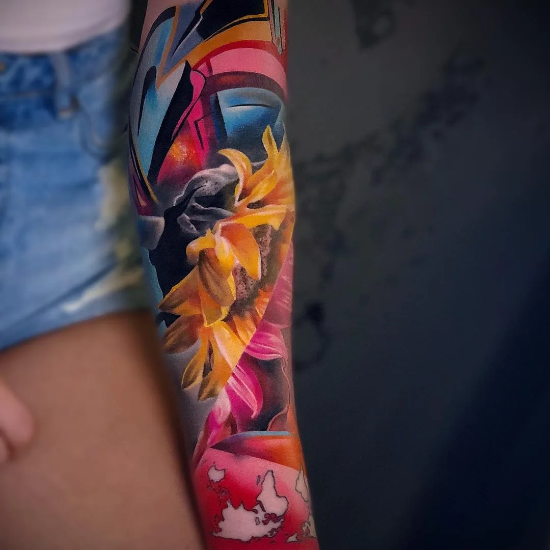 Tattoo artist Igor Mitrenga, authors color relistic portrait tattoo in graffiti design | Prague, Czech
