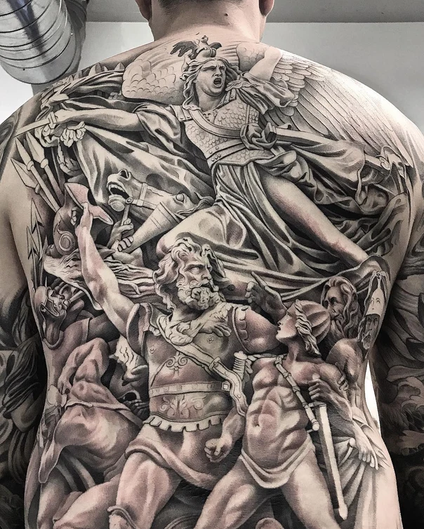 Realism Angel, Warriors tattoo on Full Back